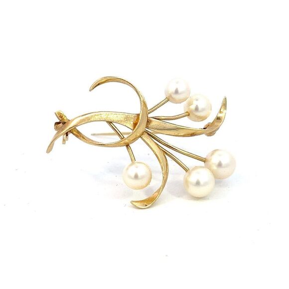 Mikimoto Estate Akoya Pearl Brooch 1.5 x 1" 14k Yellow Gold 6.60-5.50 mm M370 - Picture 3 of 7